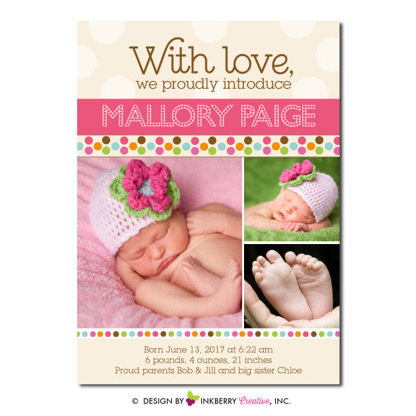 Mod Dot - Baby Girl Photo Birth Announcement - inkberrycards