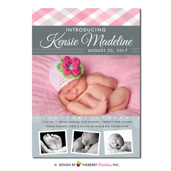 Plaid Bands - Baby Girl Photo Birth Announcement - inkberrycards