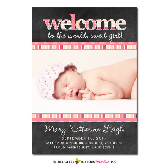 Chalkboard Patterns - Baby Girl Photo Birth Announcement - inkberrycards