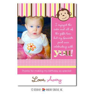 Monkey Girl (Pink & Yellow) Photo Thank You Note - inkberrycards