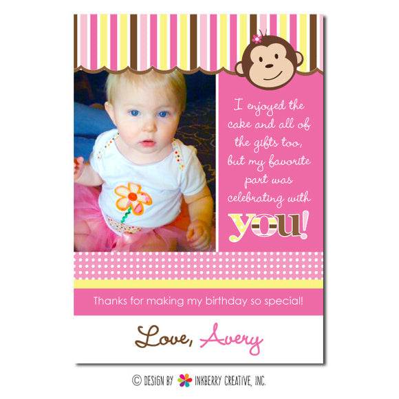 Monkey Girl (Pink & Yellow) Photo Thank You Note - inkberrycards