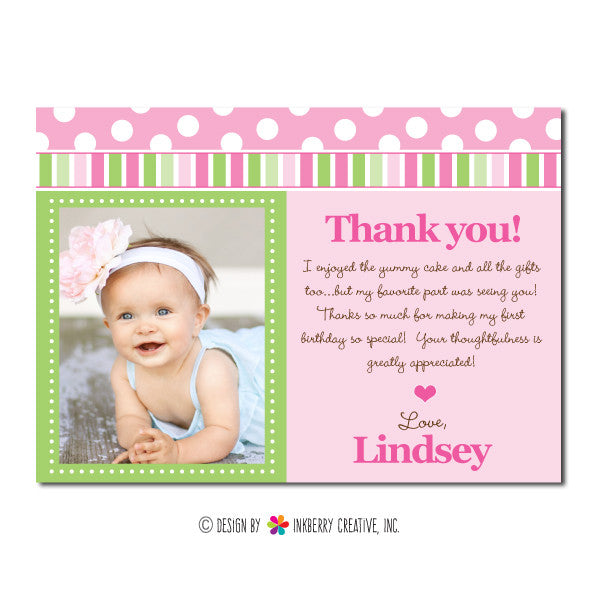 Pink & Green Polka Dot Stripe Girl's Photo Thank You Note - inkberrycards