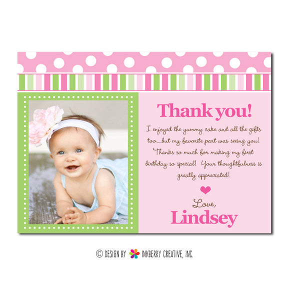 Pink & Green Polka Dot Stripe Girl's Photo Thank You Note - inkberrycards