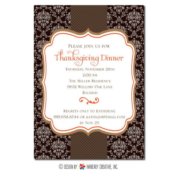 Elegant Damask Thanksgiving Dinner Invitation - inkberrycards