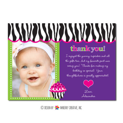Zebra Cupcake Girl's Photo Thank You Note - inkberrycards